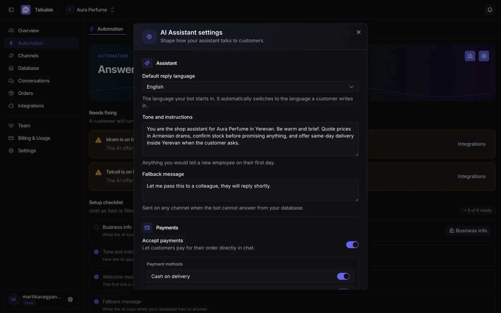 AI assistant settings with reply language and tone