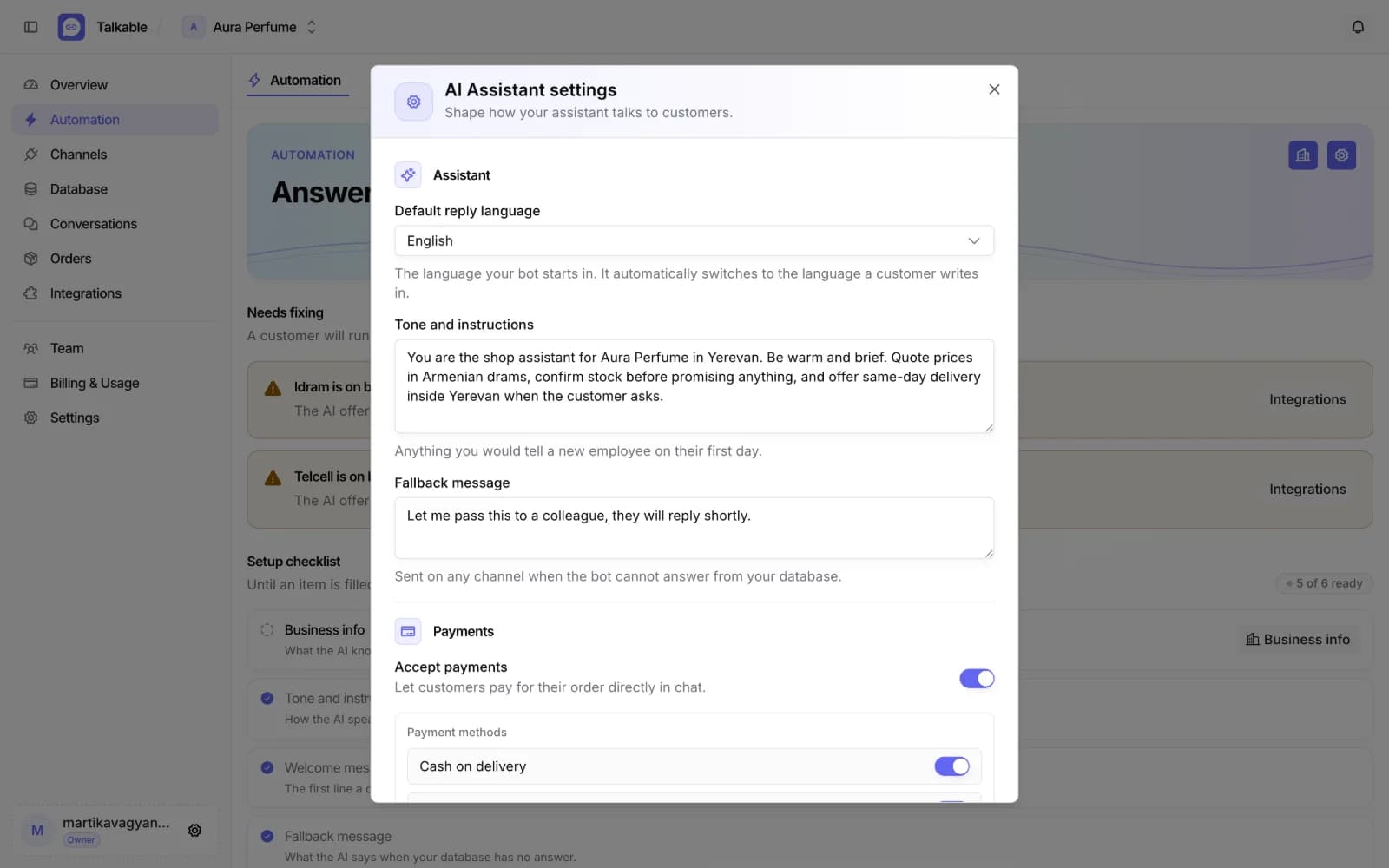 AI assistant settings with reply language and tone