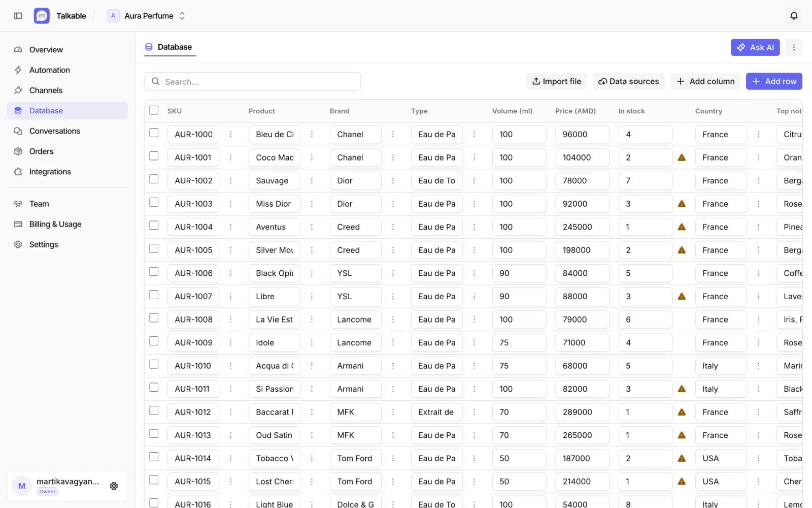 Data table with a new entry proposed by the assistant