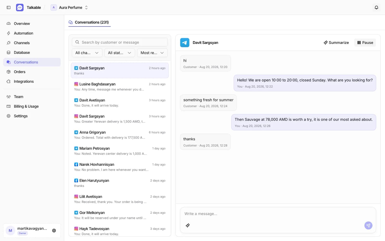 Conversations list with an Instagram thread the AI answered