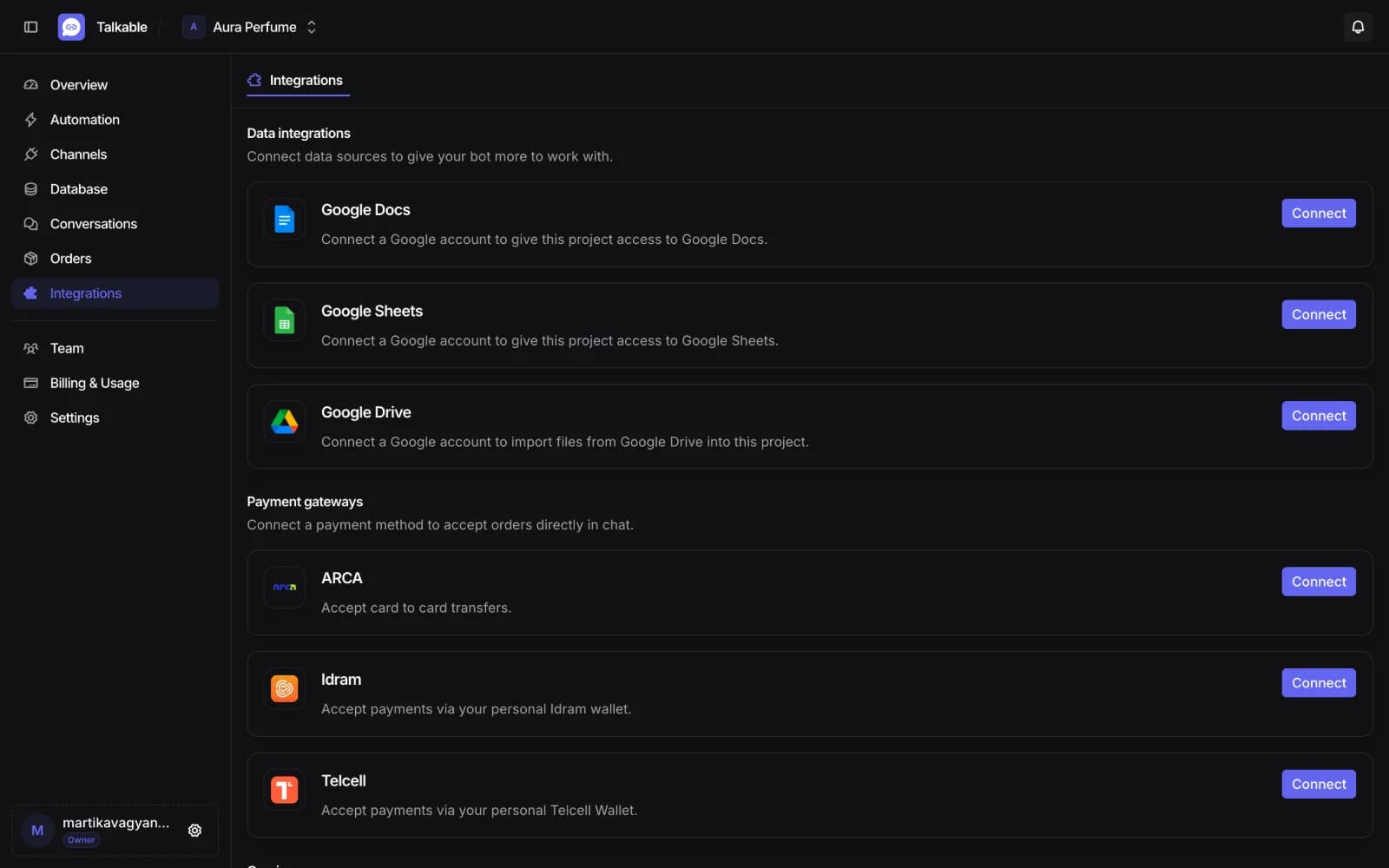 Integrations page with document and payment connections