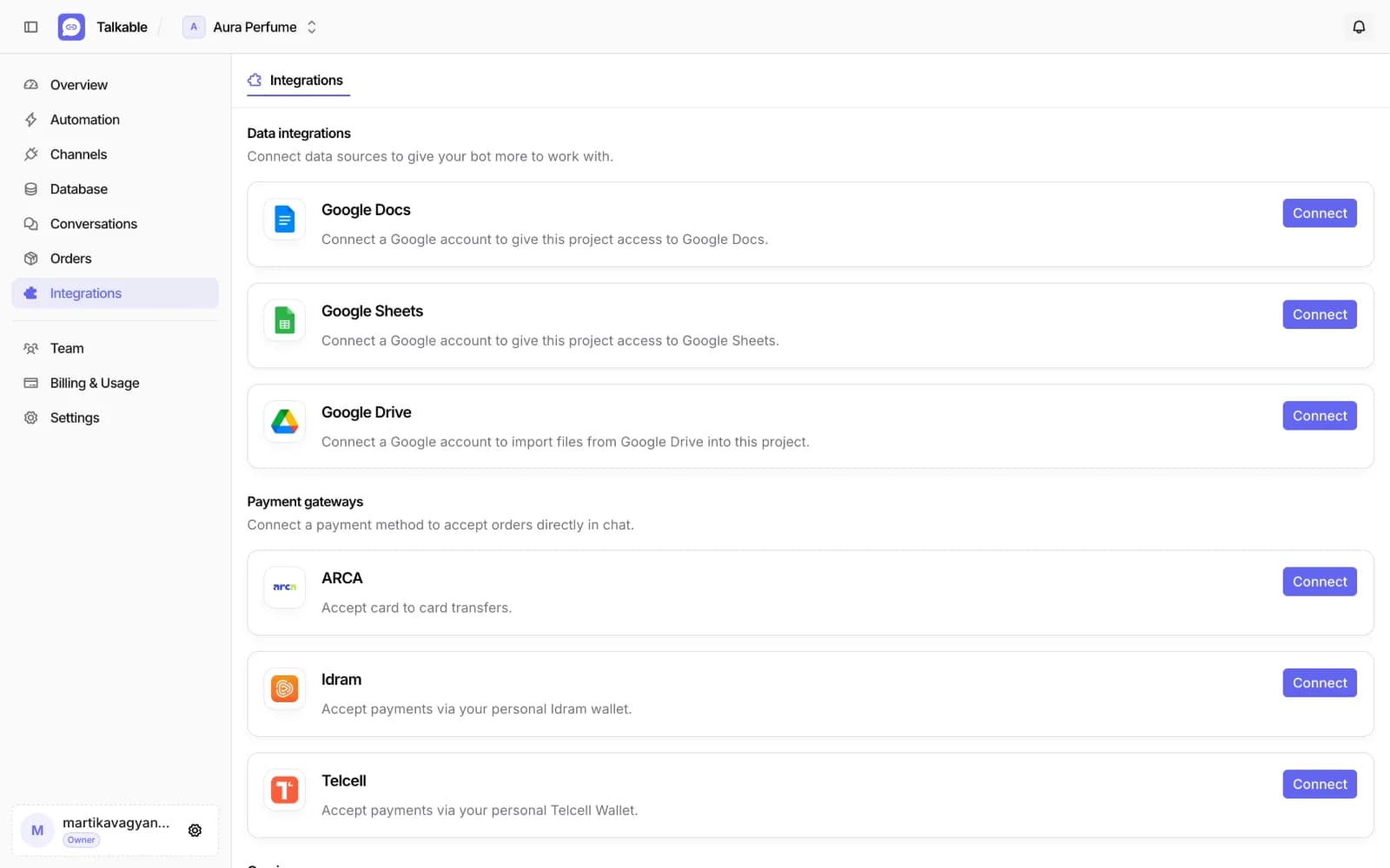 Integrations page with document and payment connections