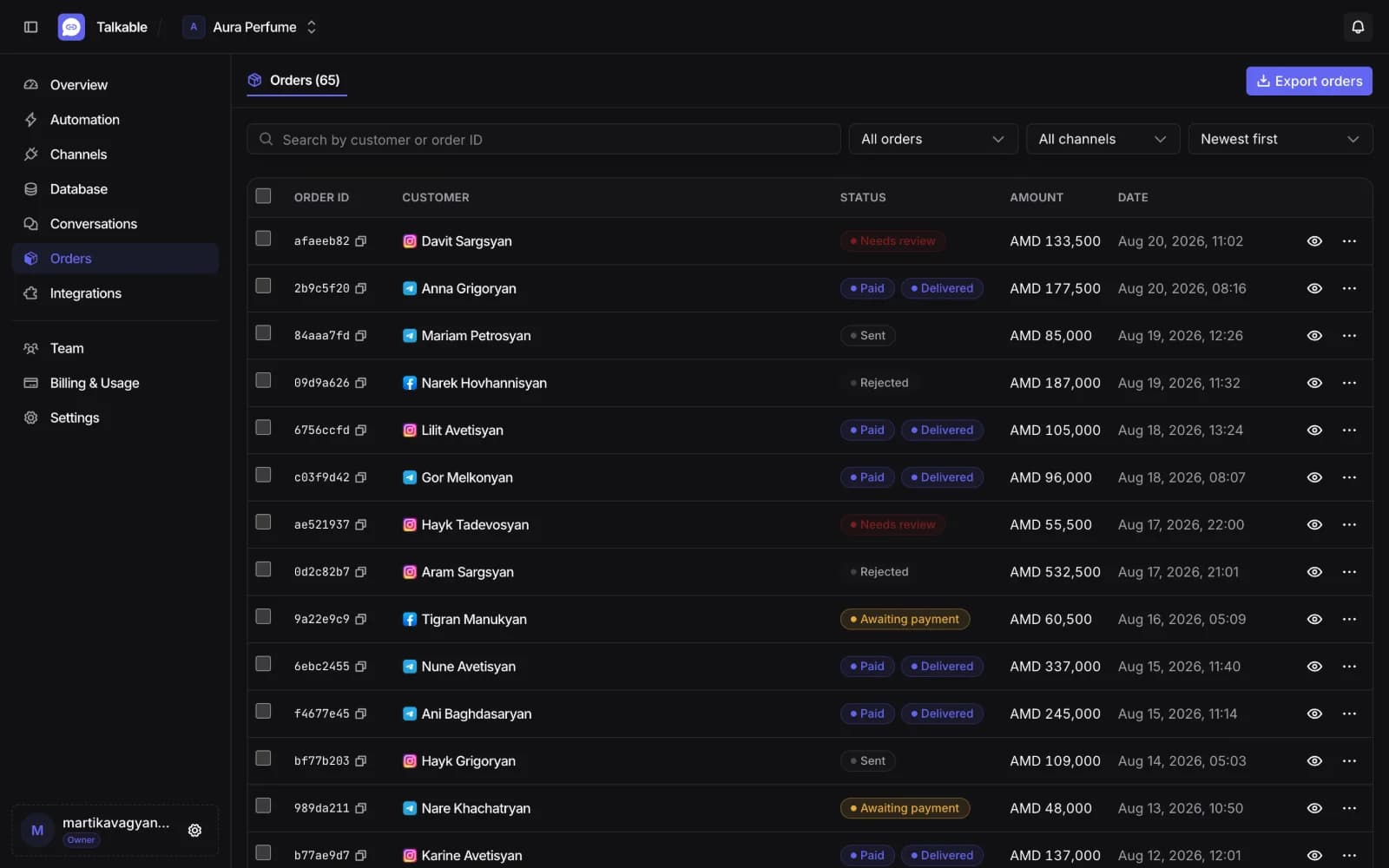 Orders table with status, amount and where each order came from